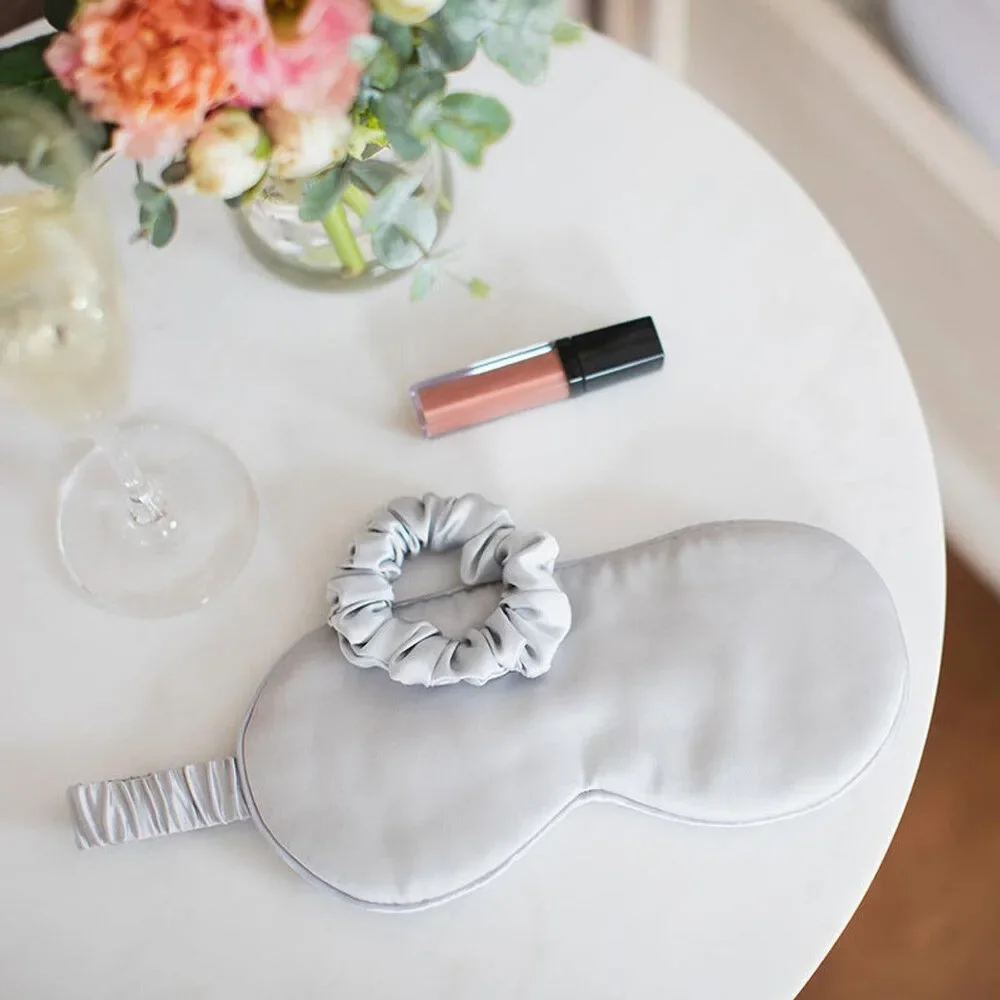Gray Satin 3 Piece Set Pillowcase Sleep Mask Scrunchie